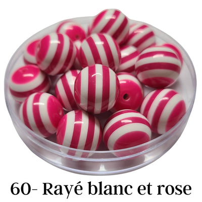 60 - Boules acryliques brillantes Rayé rose et blanc 20MM