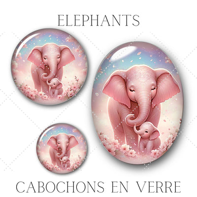 Cabochons en verre Eléphants family -Réf CAB14