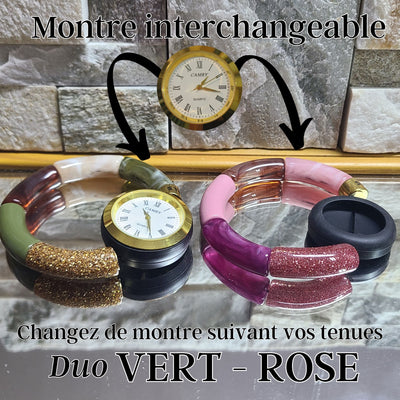 BM101- Kit Duo vert-rose, bracelets montre interchangeable