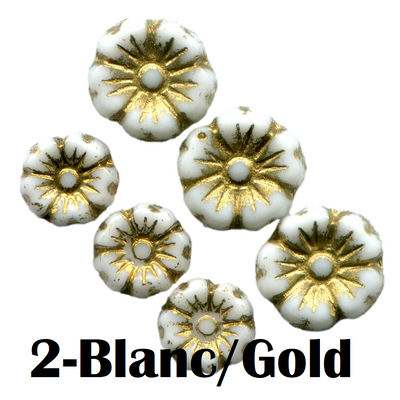2- Fleur en verre de Bohème 7MM/9MM -Blanc/Gold